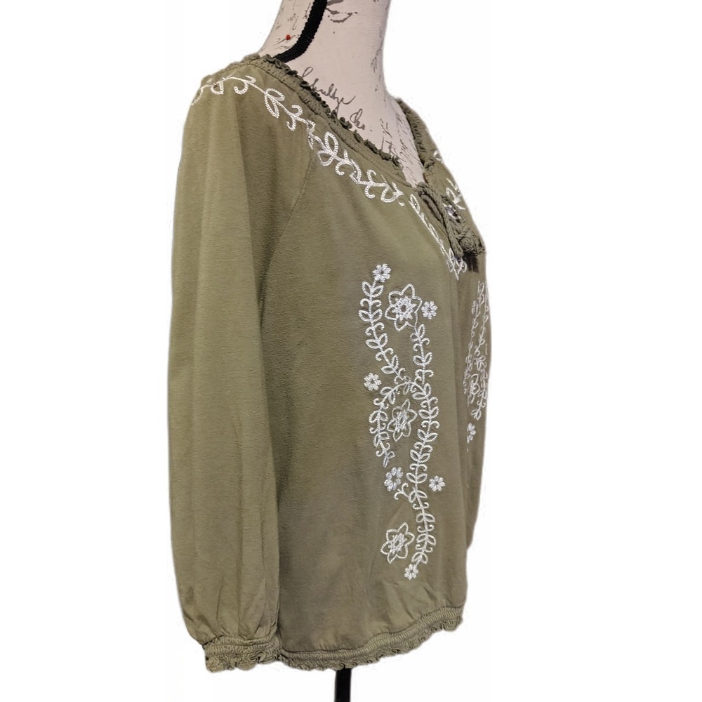 Bandolino Womens Boho Olive Green Embroidered Floral Cotton Peasant Blouse XL - Picture 2 of 8
